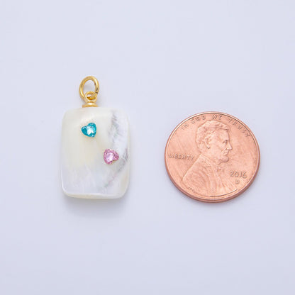 18K Gold Filled Blue Pink Heart CZ Shell Pearl Rectangular Charm | AF1384