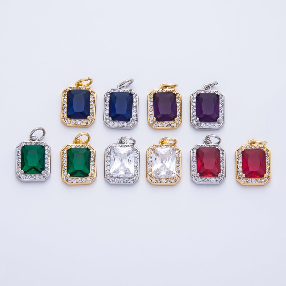 18K Gold Filled Blue, Red, Purple, Green, Clear Micro Paved CZ Baguette Charm | Charms-00279 ~ Charms-00288