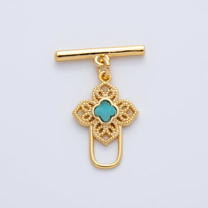 18K Gold Filled Blue, Red, White CZ Clover OT Clasp Dainty Toggle Clasps Closure Finding | Z1458 Z1459