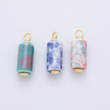 18K Gold Filled Blue, Green, Pink Watercolor Tube Cylinder Ceramic Drop Pendant | AF698 AF699