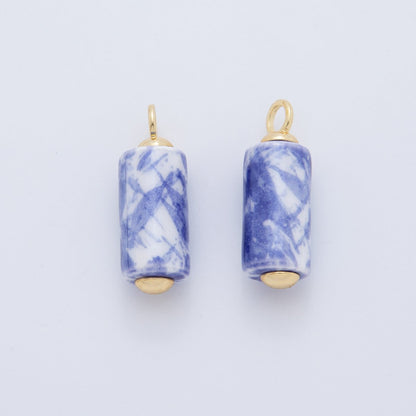 18K Gold Filled Blue, Green, Pink Watercolor Tube Cylinder Ceramic Drop Pendant | AF698 AF699