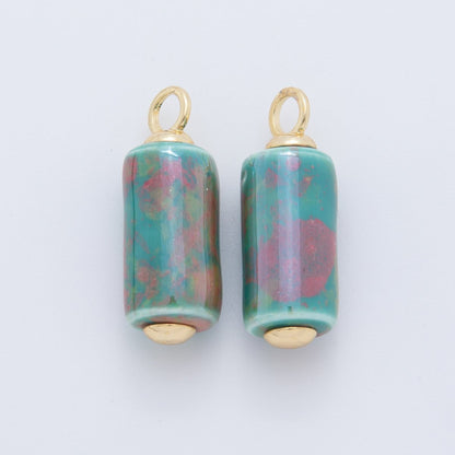 18K Gold Filled Blue, Green, Pink Watercolor Tube Cylinder Ceramic Drop Pendant | AF698 AF699