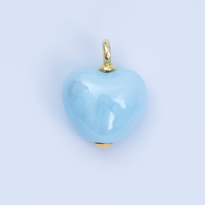 18K Gold Filled Blue, Teal, White, Pink Puffy Heart Ceramic Charm Pendant | AJ-402