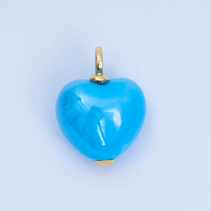 18K Gold Filled Blue, Teal, White, Pink Puffy Heart Ceramic Charm Pendant | AJ-402
