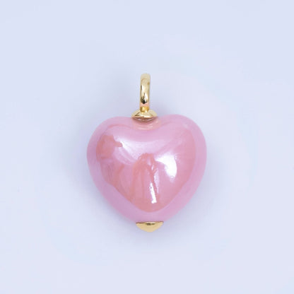 18K Gold Filled Blue, Teal, White, Pink Puffy Heart Ceramic Charm Pendant | AJ-402
