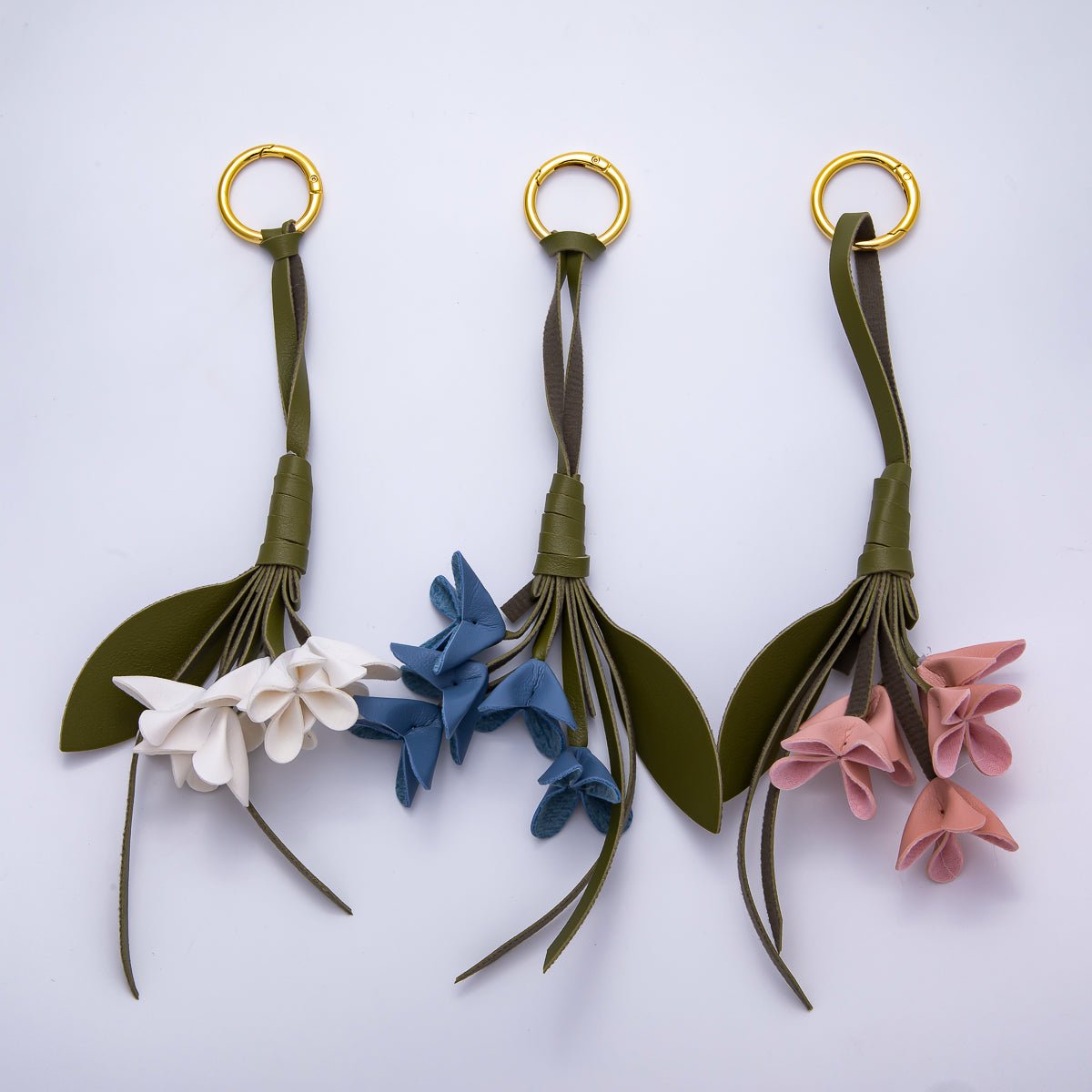 18K Gold Filled Blue, White, Pink Flower Bouquet Leather Bag Push Gate Charm Keychain | WB-00321 - WB-00323