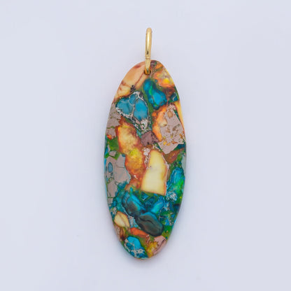 18K Gold Filled Boho Natural Oval Gemstone Pendant – Green, Brown &amp; Multicolor Stone Charms  AF1593
