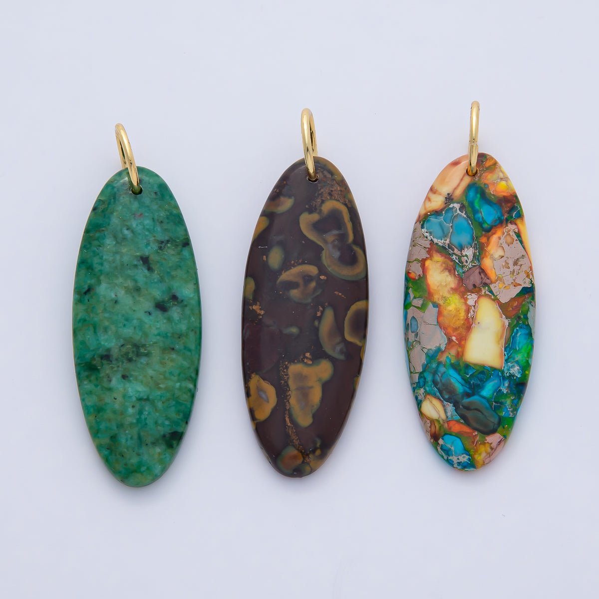 18K Gold Filled Boho Natural Oval Gemstone Pendant – Green, Brown &amp; Multicolor Stone Charms  AF1593