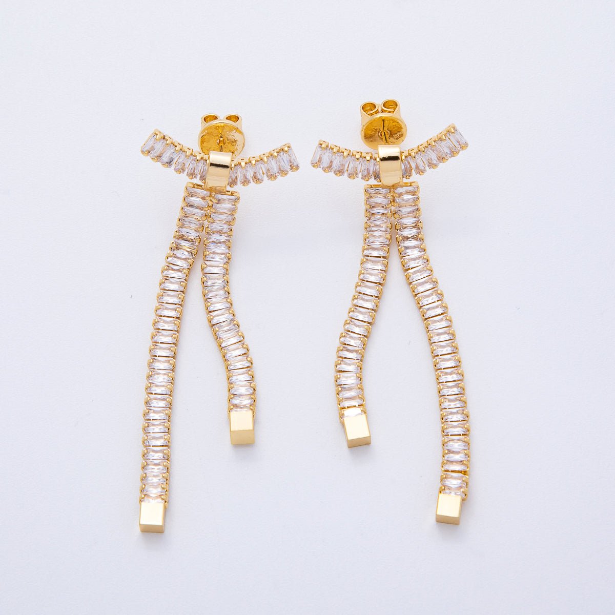 18K Gold Filled Clear Baguette CZ Ribbon Bow Stud Earrings | T065