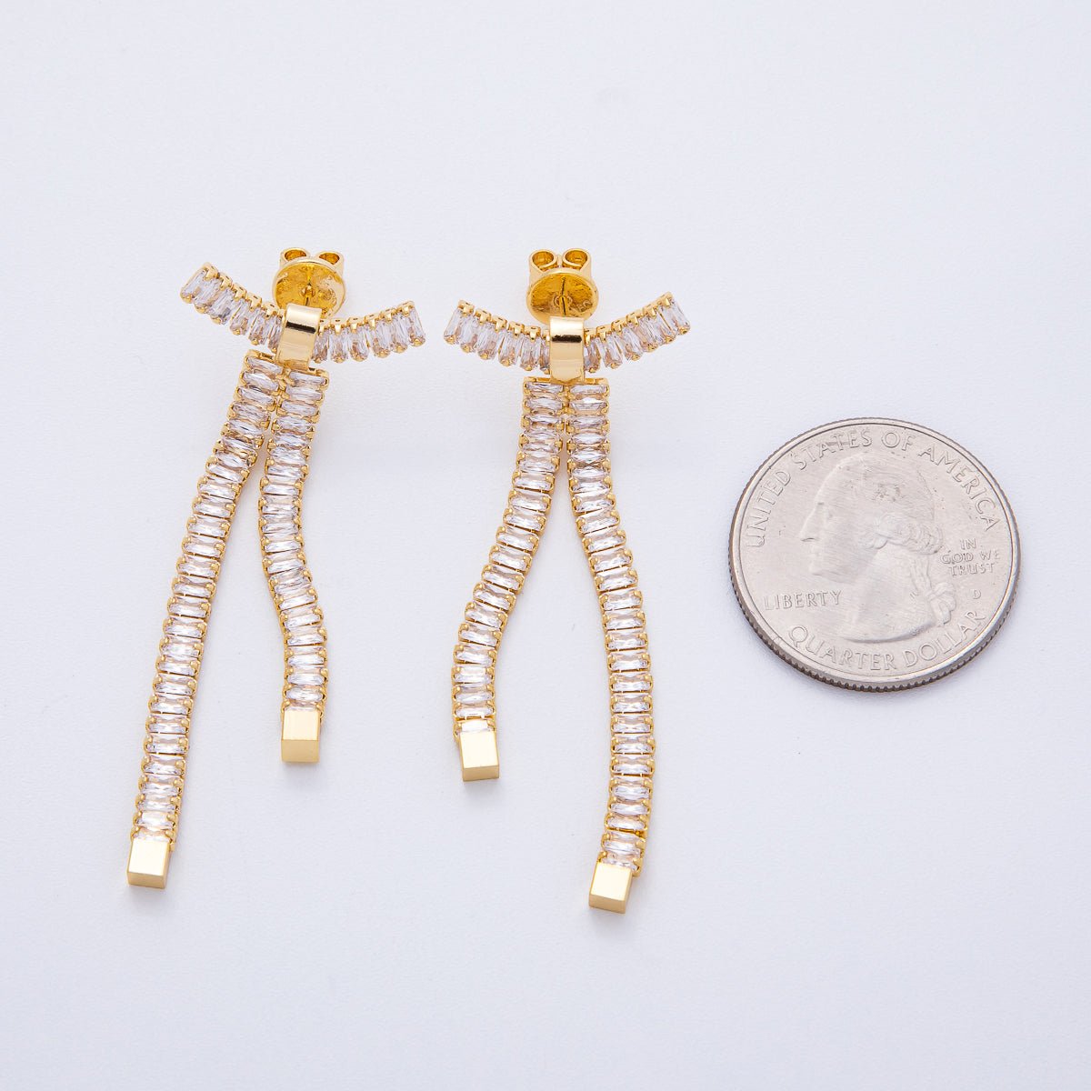 18K Gold Filled Clear Baguette CZ Ribbon Bow Stud Earrings | T065