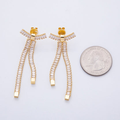 18K Gold Filled Clear Baguette CZ Ribbon Bow Stud Earrings | T065