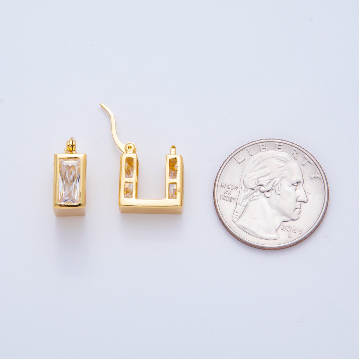 18K Gold Filled Clear CZ Baguette Rectangular Latch Hoop Earrings | AJ228
