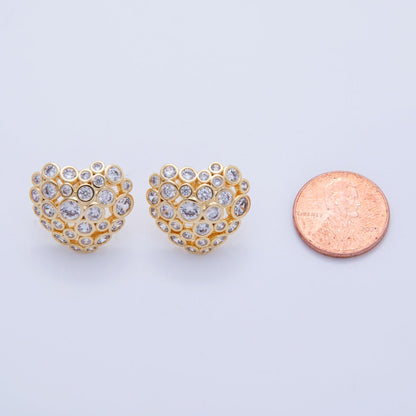 18K Gold Filled Clear CZ Dotted Dome Heart Stud Earrings | AI358