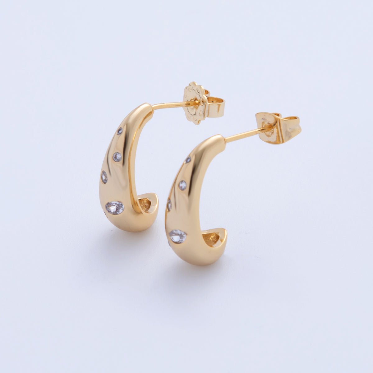 18K Gold Filled Clear CZ Dotted Dome J-Shaped Hoop Earrings | AI355