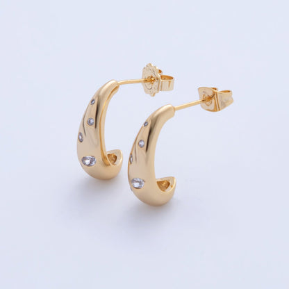 18K Gold Filled Clear CZ Dotted Dome J-Shaped Hoop Earrings | AI355