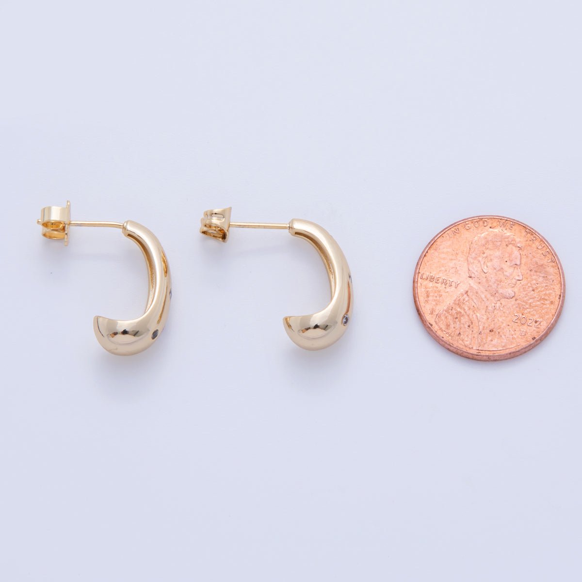 18K Gold Filled Clear CZ Dotted Dome J-Shaped Hoop Earrings | AI355