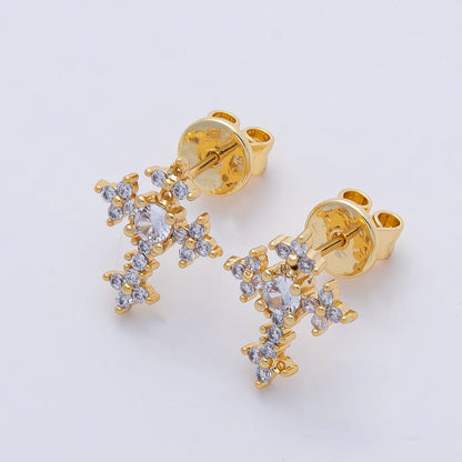 18K Gold Filled Clear CZ Flower Religious Passion Cross Stud Earrings | AD1664