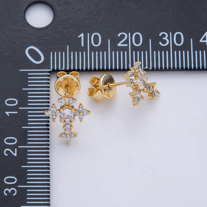18K Gold Filled Clear CZ Flower Religious Passion Cross Stud Earrings | AD1664