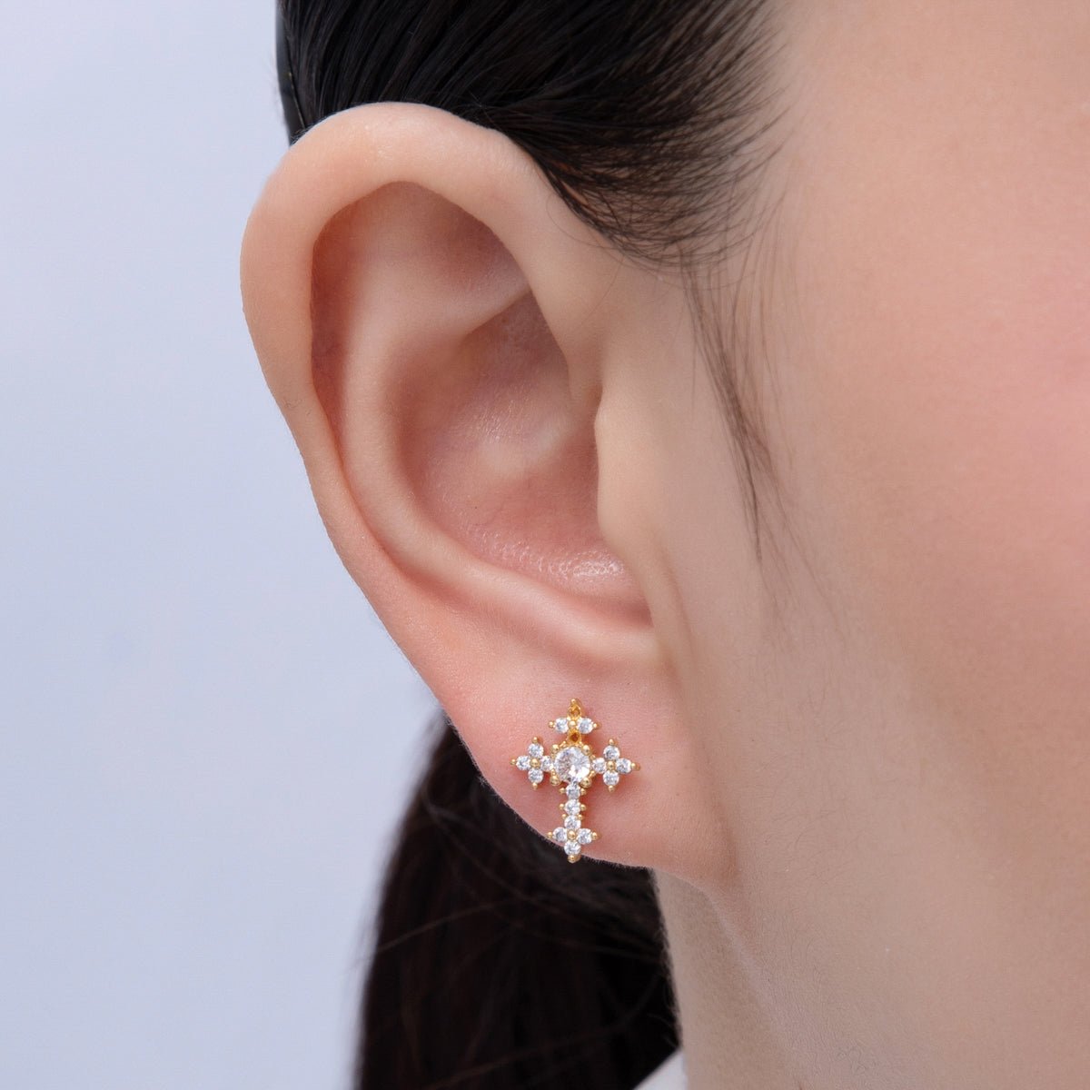 18K Gold Filled Clear CZ Flower Religious Passion Cross Stud Earrings | AD1664