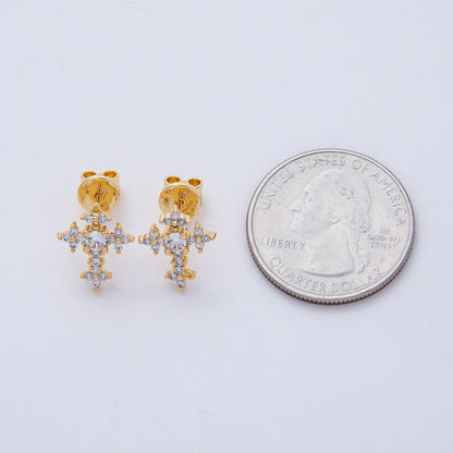 18K Gold Filled Clear CZ Flower Religious Passion Cross Stud Earrings | AD1664