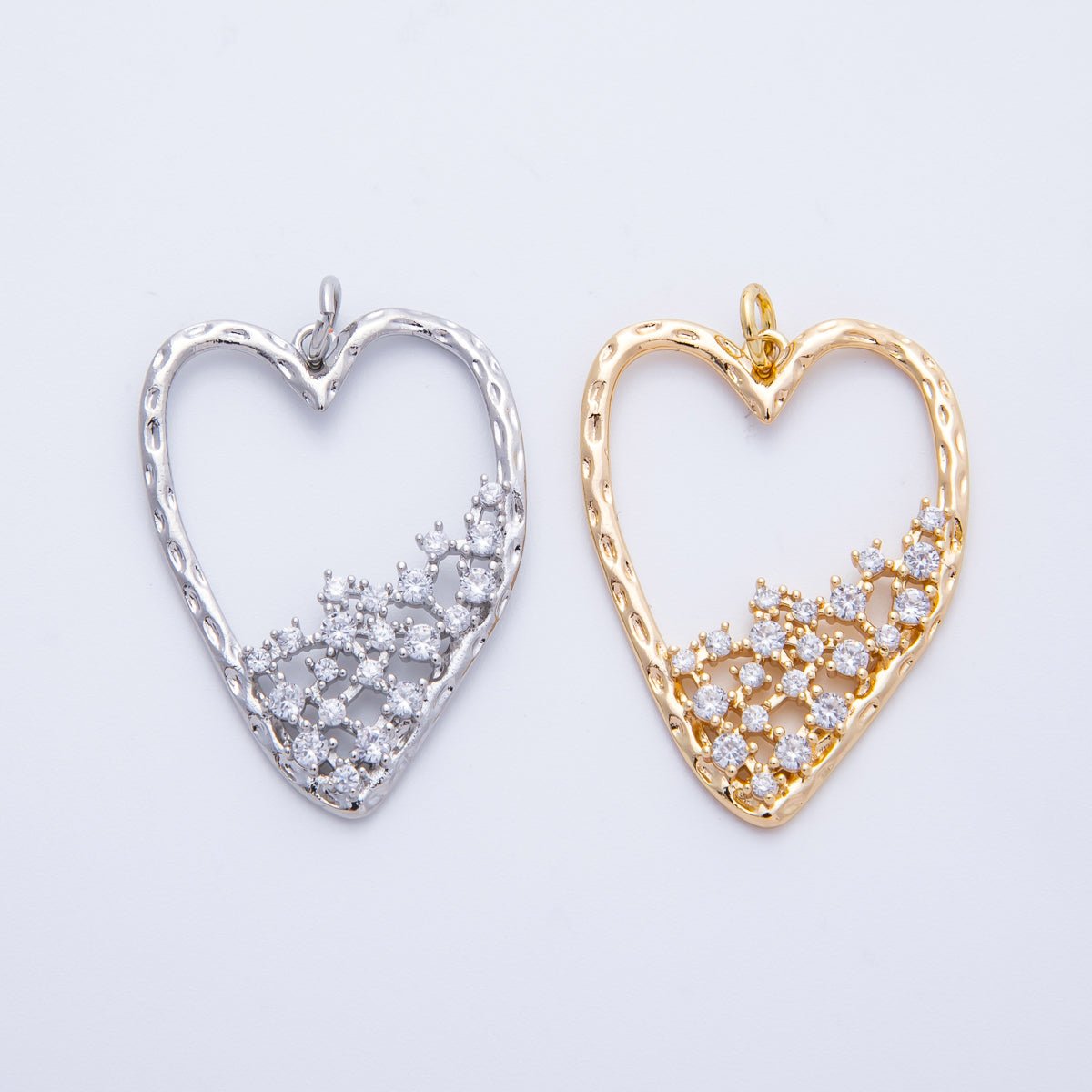 18K Gold Filled Clear CZ Gradient Open Hammered Heart in Gold &amp; Silver | Charms-00312 Charms-00313