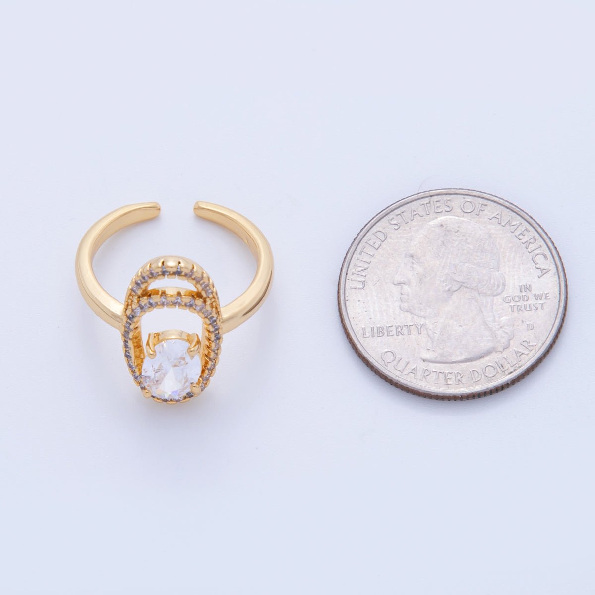 18K Gold Filled Clear CZ Micro Paved Oval Oblong Solitaire Ring | O1728