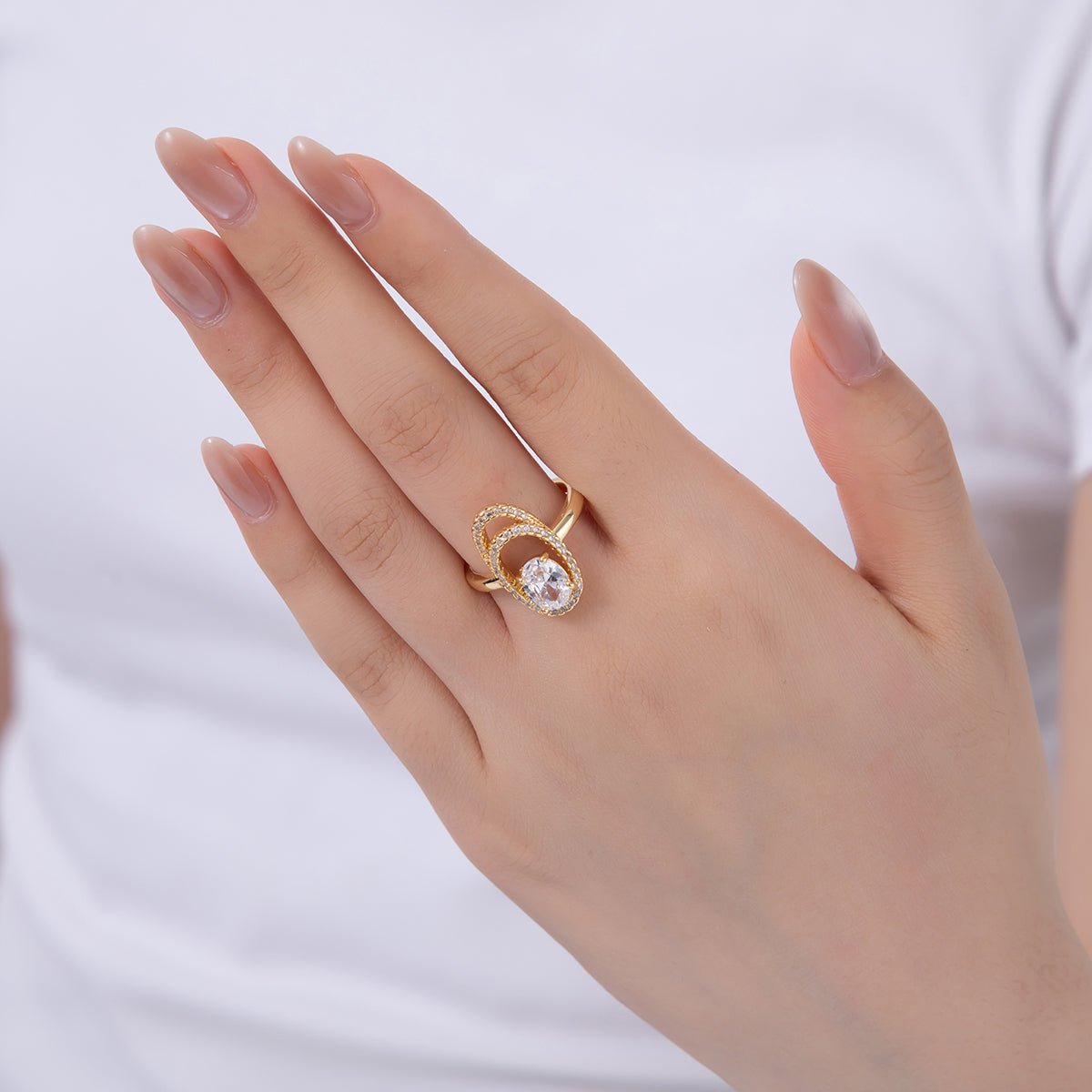 18K Gold Filled Clear CZ Micro Paved Oval Oblong Solitaire Ring | O1728