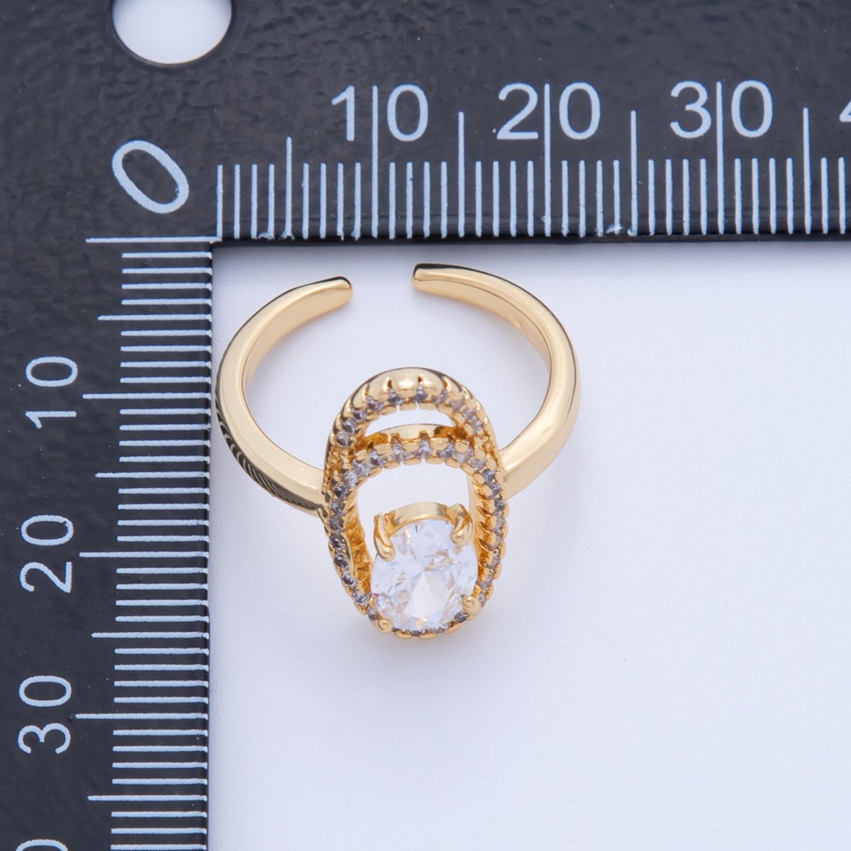18K Gold Filled Clear CZ Micro Paved Oval Oblong Solitaire Ring | O1728