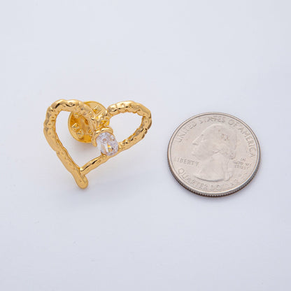 18K Gold Filled Clear CZ Open Hammered Molten Heart Pin Brooch Mini Finding | Z1475