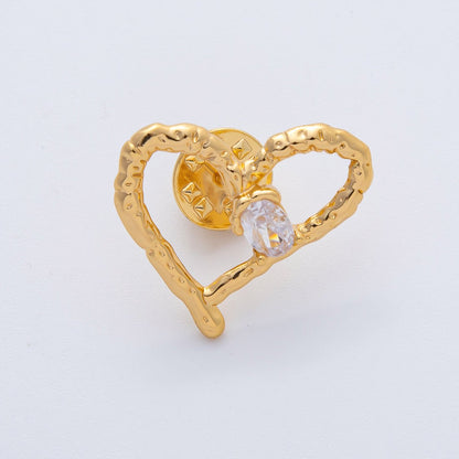 18K Gold Filled Clear CZ Open Hammered Molten Heart Pin Brooch Mini Finding | Z1475