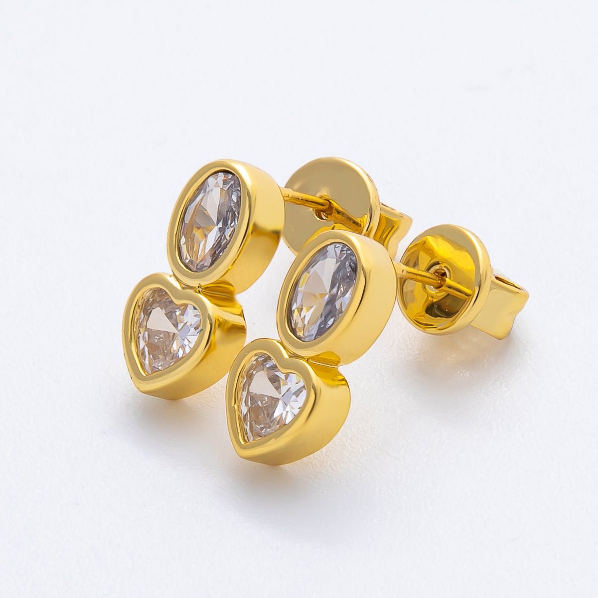 18K Gold Filled 14mm Clear CZ Oval Heart Bezel Drop Studs Earrings in Gold &amp; Silver | AJ285 AJ286