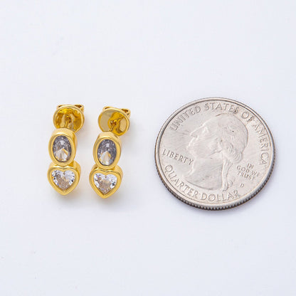 18K Gold Filled 14mm Clear CZ Oval Heart Bezel Drop Studs Earrings in Gold &amp; Silver | AJ285 AJ286