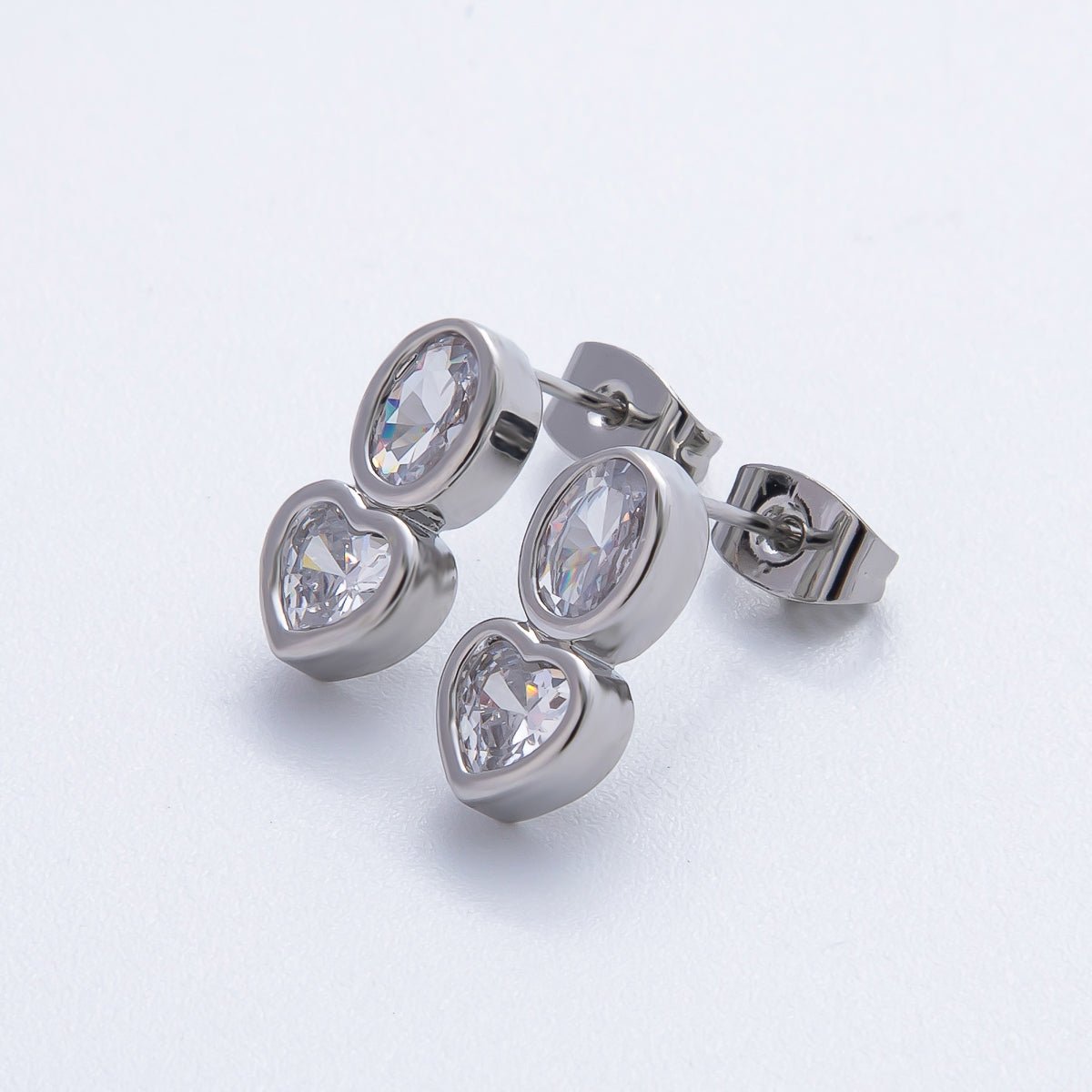 18K Gold Filled 14mm Clear CZ Oval Heart Bezel Drop Studs Earrings in Gold &amp; Silver | AJ285 AJ286