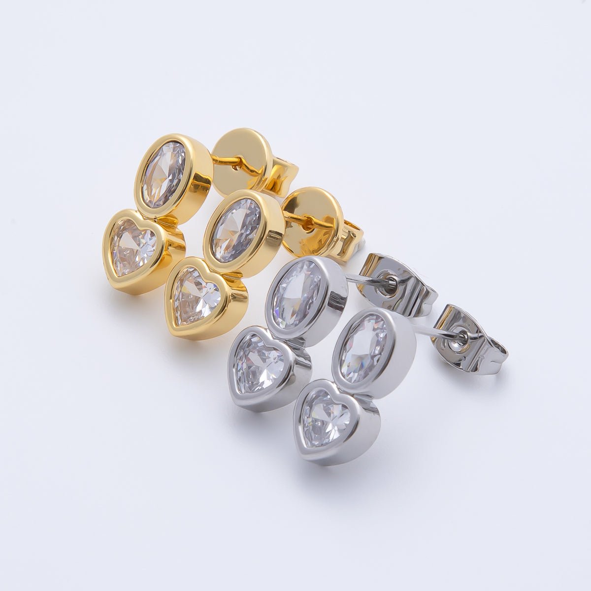 18K Gold Filled 14mm Clear CZ Oval Heart Bezel Drop Studs Earrings in Gold &amp; Silver | AJ285 AJ286