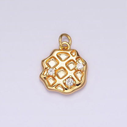 18K Gold Filled Clear CZ Rhombus Dented Waffle Abstract Round Charm | N1686