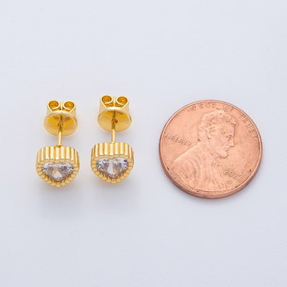 18K Gold Filled 8mm Clear CZ Ribbed Bezel Heart Stud Earrings | AD1627