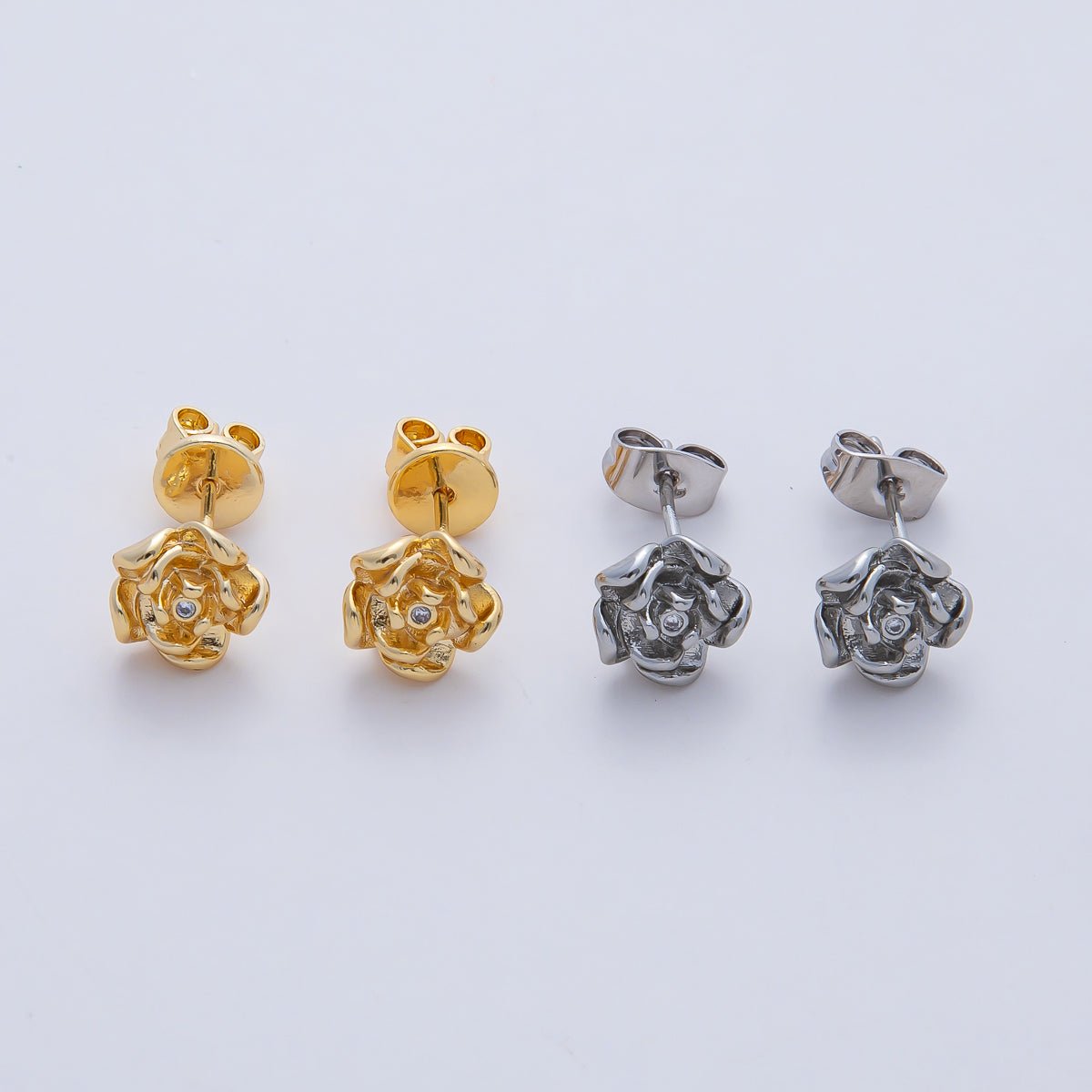18K Gold Filled Clear CZ Rose Flower Molten Stud Earrings Findings in Gold &amp; Silver | Z1601