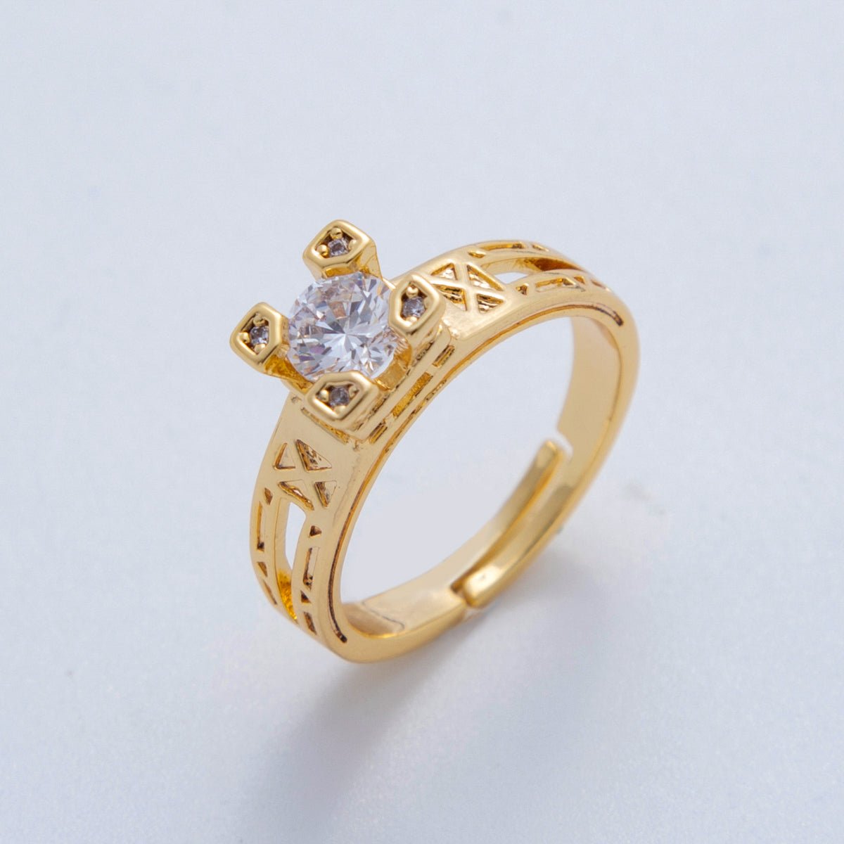 18K Gold Filled Clear CZ Solitaire Geometric Band Ring | O2030