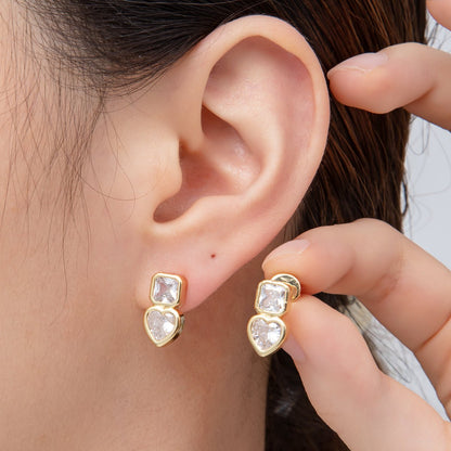 18K Gold Filled Clear CZ Square Heart Bezel Drop Studs Earrings in Gold &amp; Silver | AD1561 AD1562