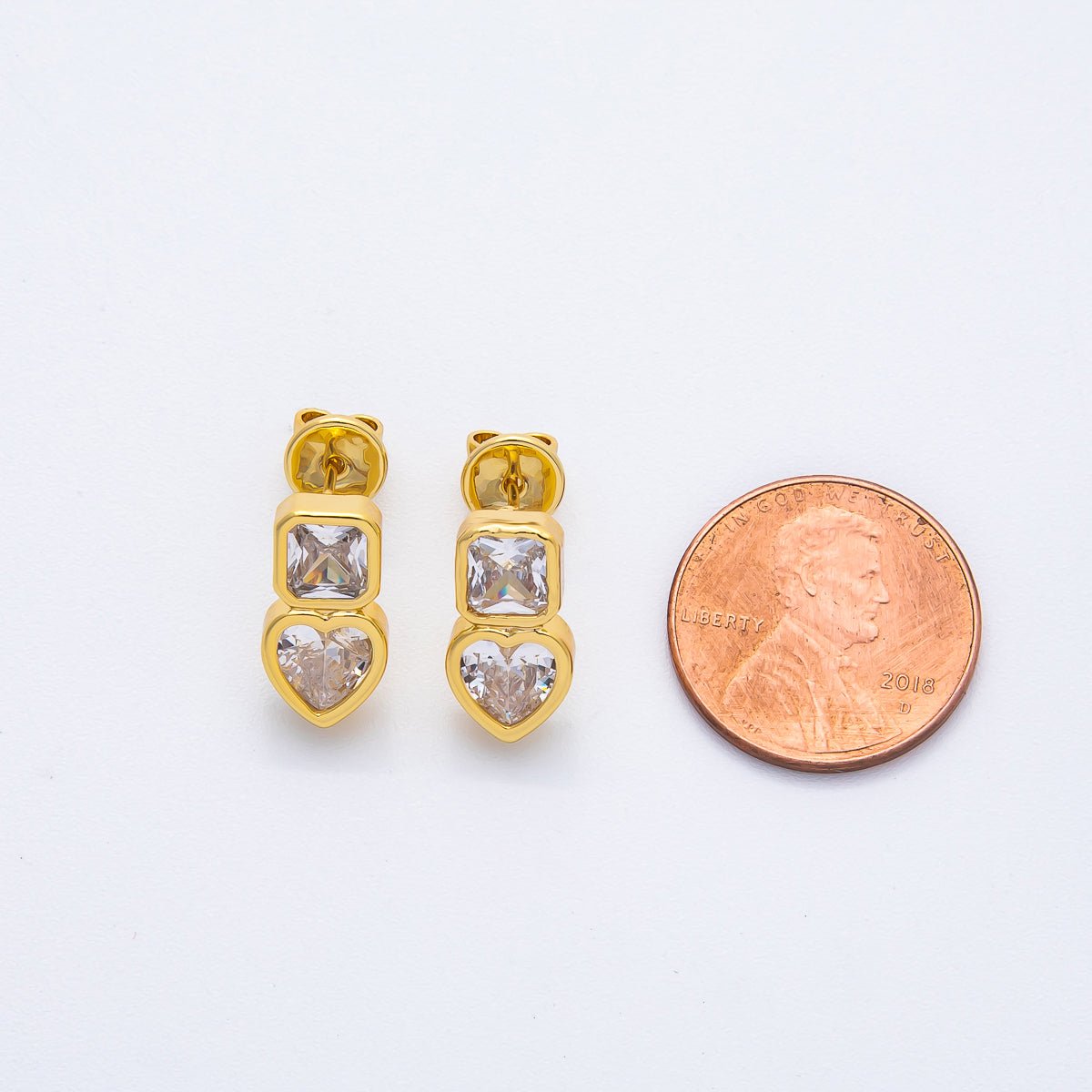 18K Gold Filled Clear CZ Square Heart Bezel Drop Studs Earrings in Gold &amp; Silver | AD1561 AD1562