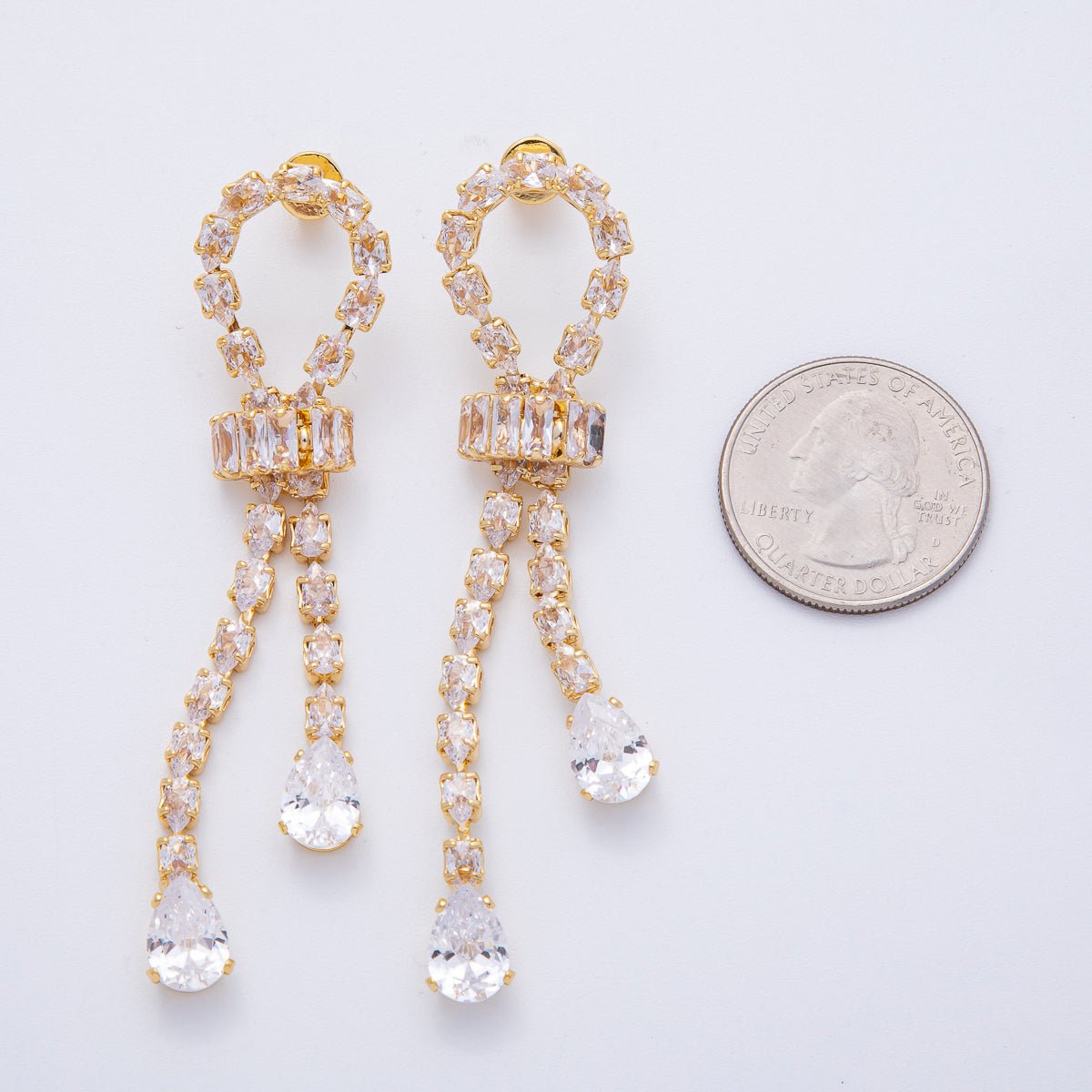 18K Gold Filled Clear CZ Teardrop Baguette Knot Drop Stud Earrings | T067