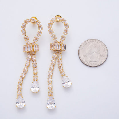 18K Gold Filled Clear CZ Teardrop Baguette Knot Drop Stud Earrings | T067