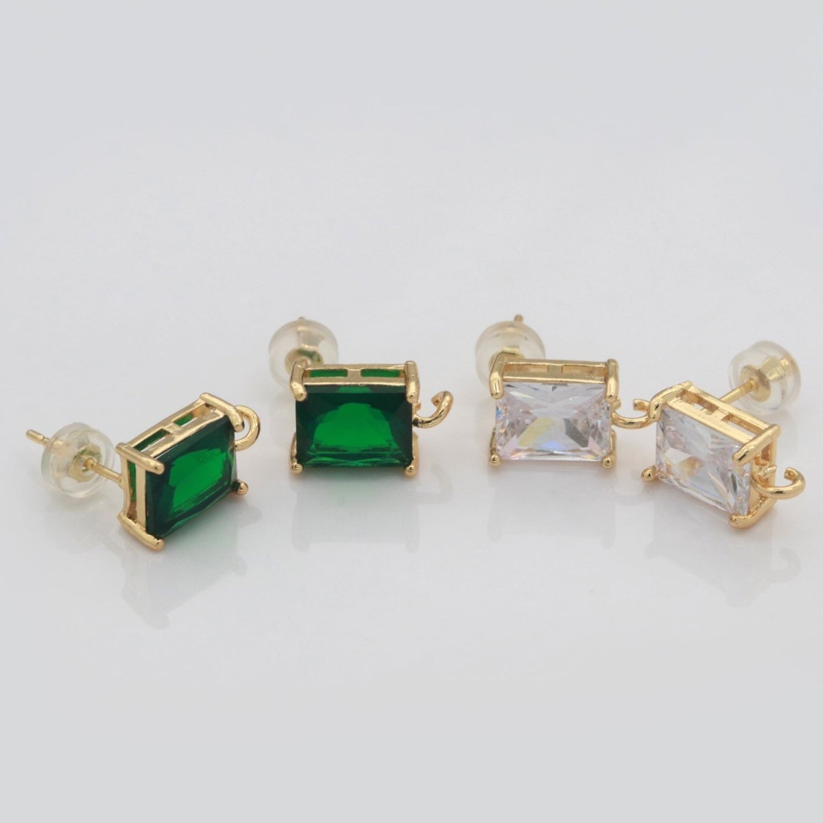 18K Gold Filled Clear / Green Baguette Cubic Zirconia Stud Drop Open Loop Earrings Supply  L-500 L-501