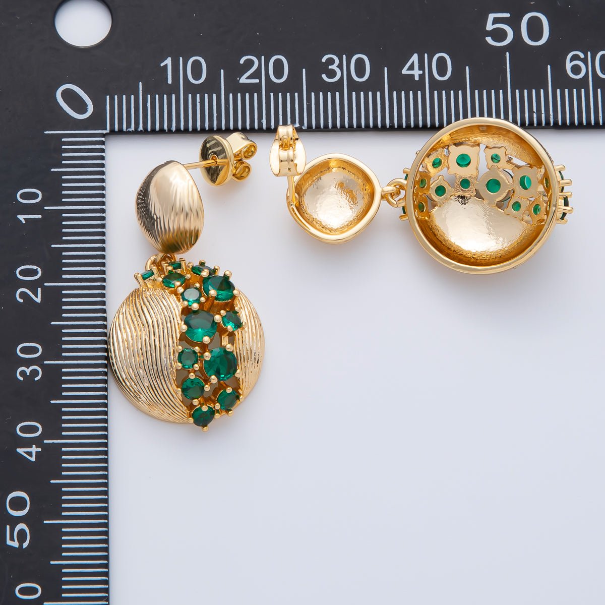 18K Gold Filled Clear, Green, Red Cluster CZ Line-Textured Round Drop Stud Earrings | AD1592 ~ AD1594
