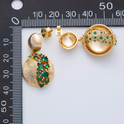 18K Gold Filled Clear, Green, Red Cluster CZ Line-Textured Round Drop Stud Earrings | AD1592 ~ AD1594
