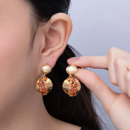 18K Gold Filled Clear, Green, Red Cluster CZ Line-Textured Round Drop Stud Earrings | AD1592 ~ AD1594