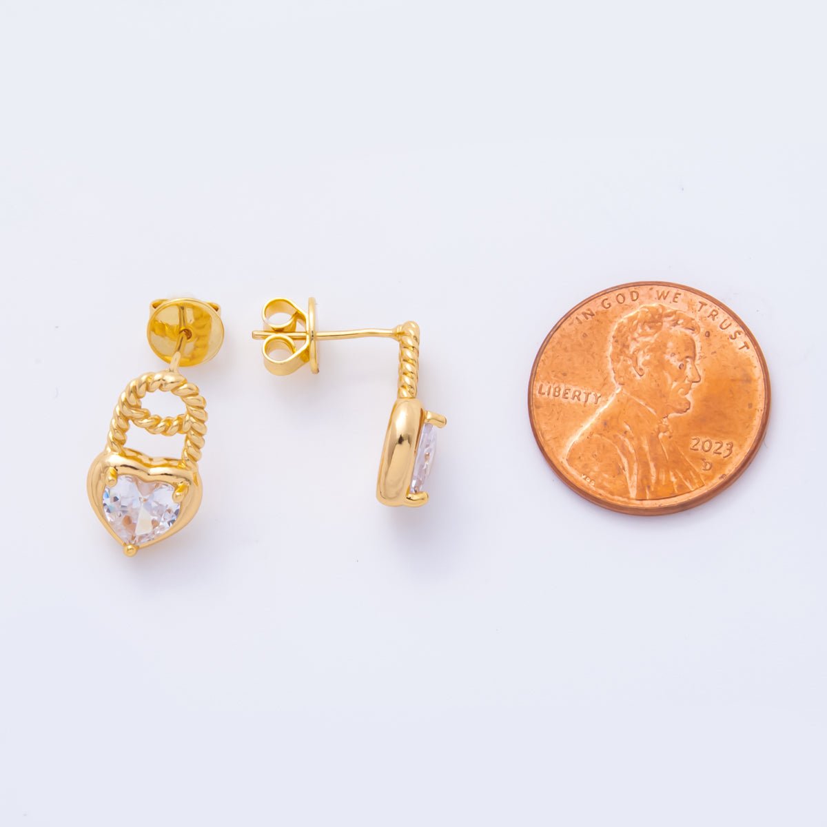 18K Gold Filled Clear Heart CZ Croissant Padlock Drop Studs Earrings | AJ-180