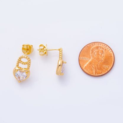 18K Gold Filled Clear Heart CZ Croissant Padlock Drop Studs Earrings | AJ-180