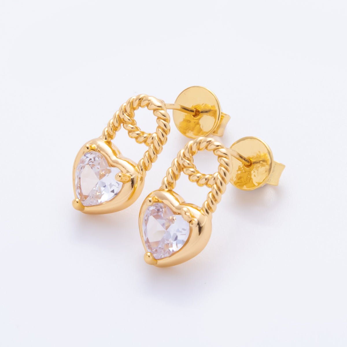 18K Gold Filled Clear Heart CZ Croissant Padlock Drop Studs Earrings | AJ-180
