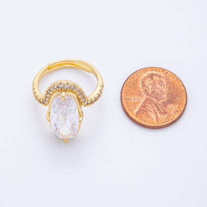 18K Gold Filled Clear Oval Micro Paved CZ Solitaire Band Adjustable Ring | O006